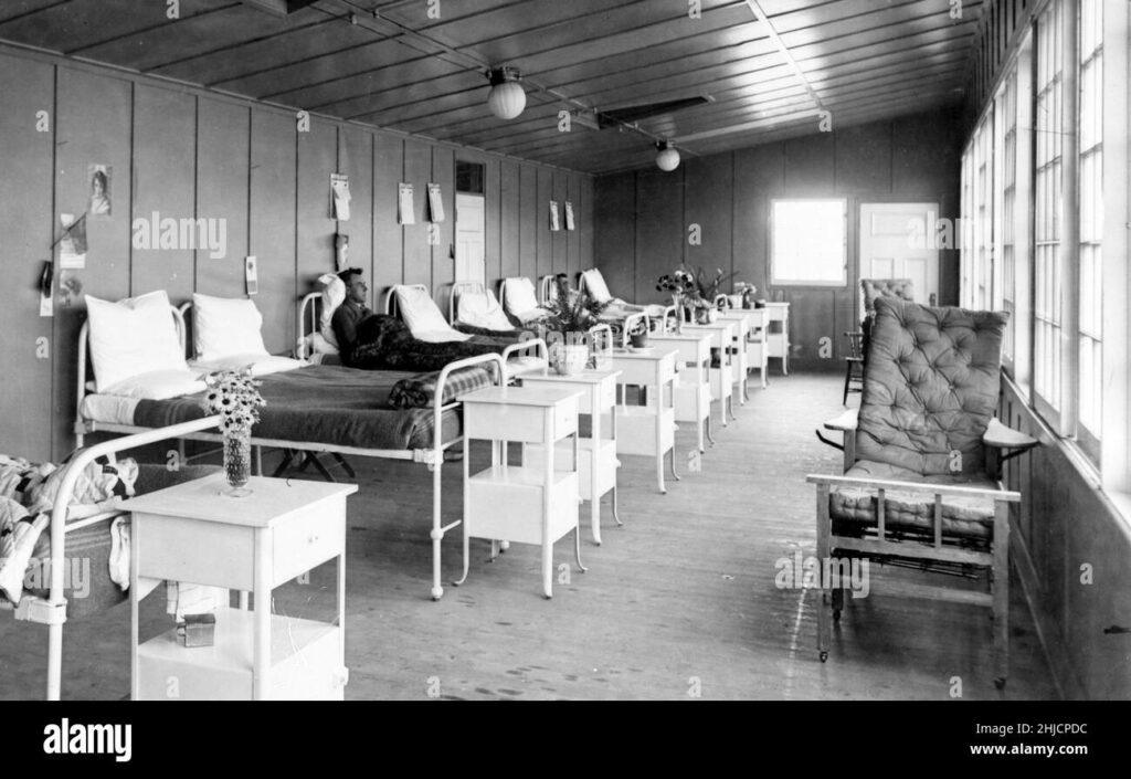 Interior of a tuberculosis sanitarium with some bedridden patients at mountain sanatorium hamilton ontario canada 1918 2hjcpdc
